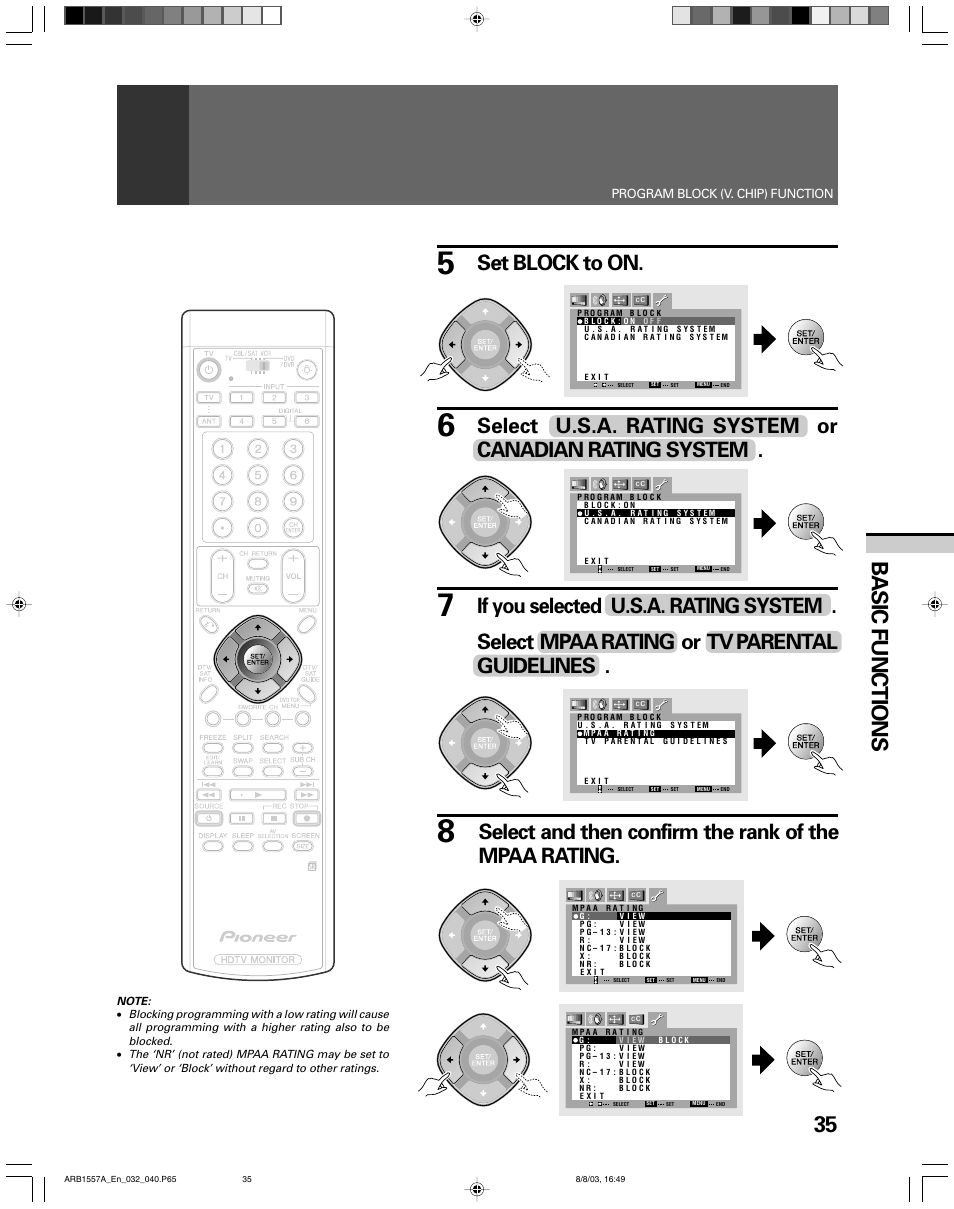 35 basic functions, Set block to on | Pioneer PRO-730HDI User Manual | Page 35 / 100