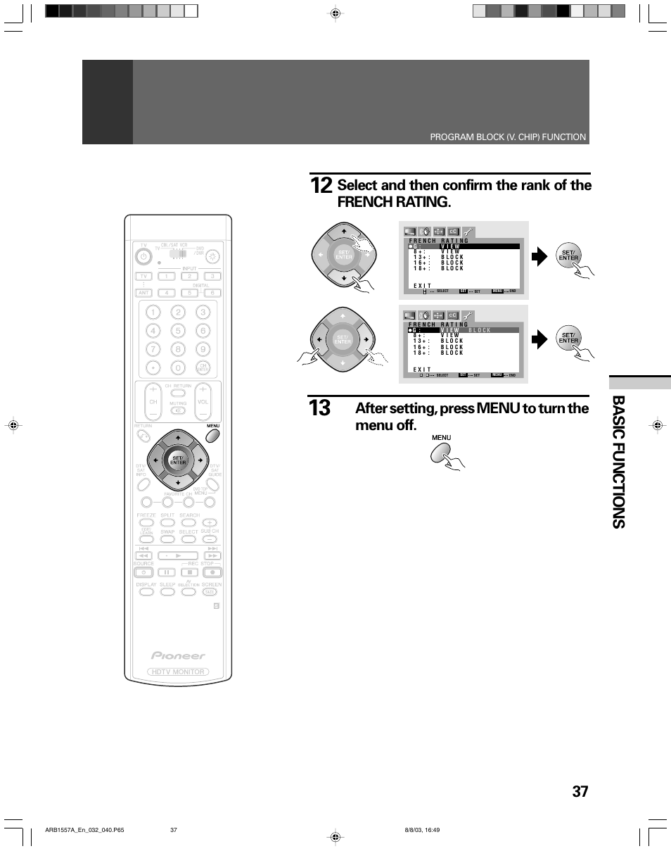 37 basic functions, After setting, press menu to turn the menu off | Pioneer PRO-730HDI User Manual | Page 37 / 100