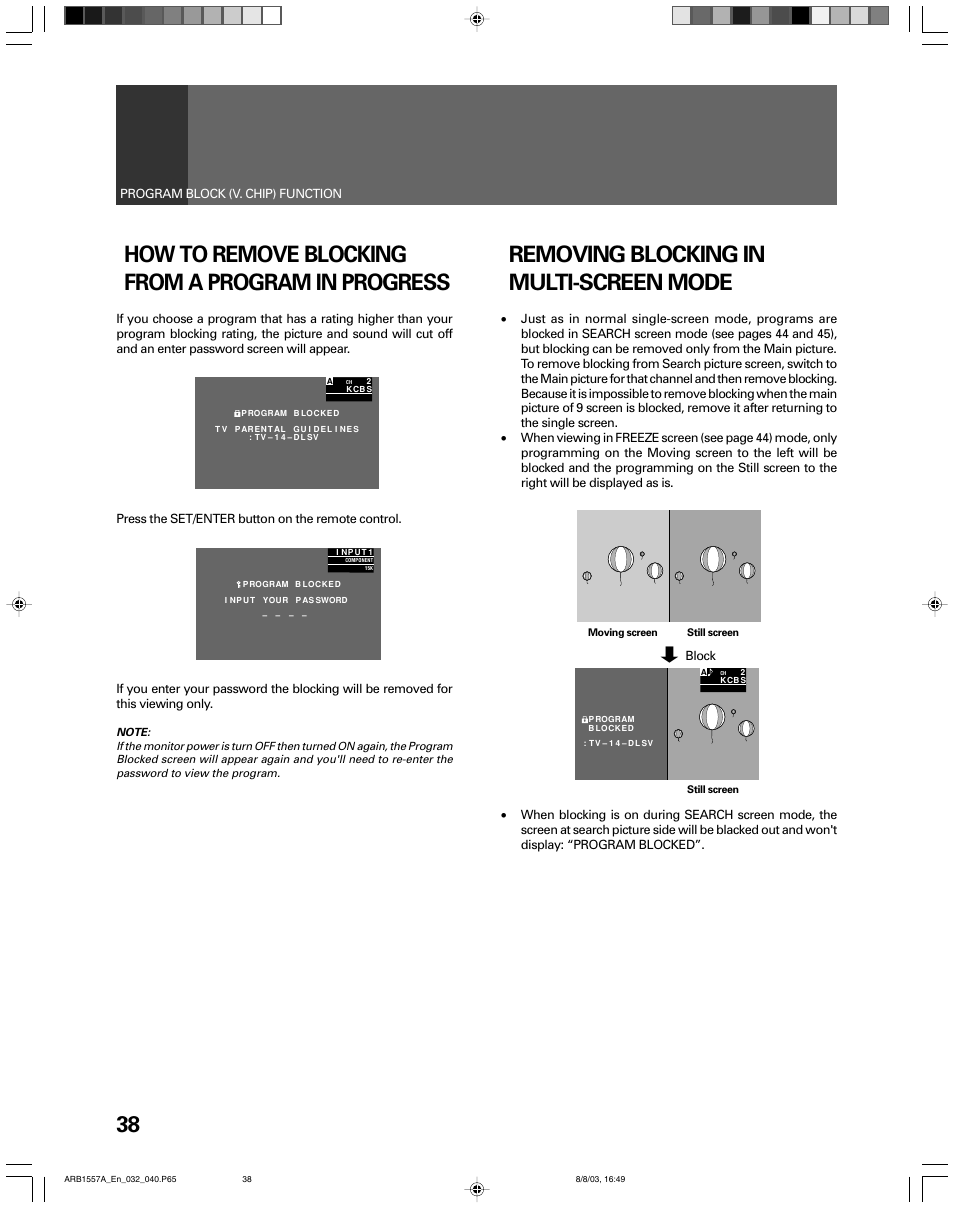 How to remove blocking from a program in progress, Removing blocking in multi-screen mode | Pioneer PRO-730HDI User Manual | Page 38 / 100