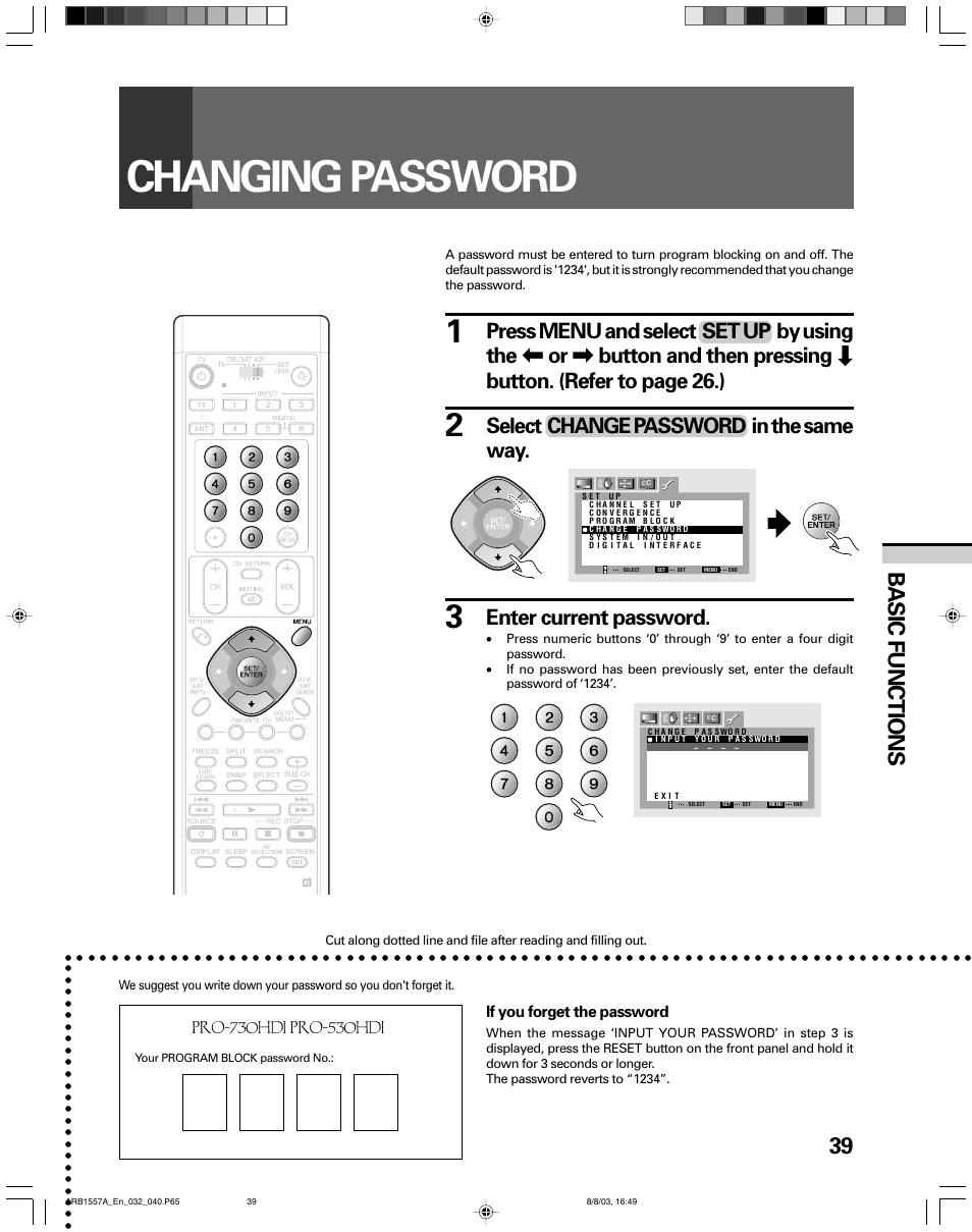 Changing password, 39 basic functions, Select change password in the same way | Enter current password, If you forget the password, B√¿≥≤?ùûc ◊b√¿.≤?ùûc | Pioneer PRO-730HDI User Manual | Page 39 / 100