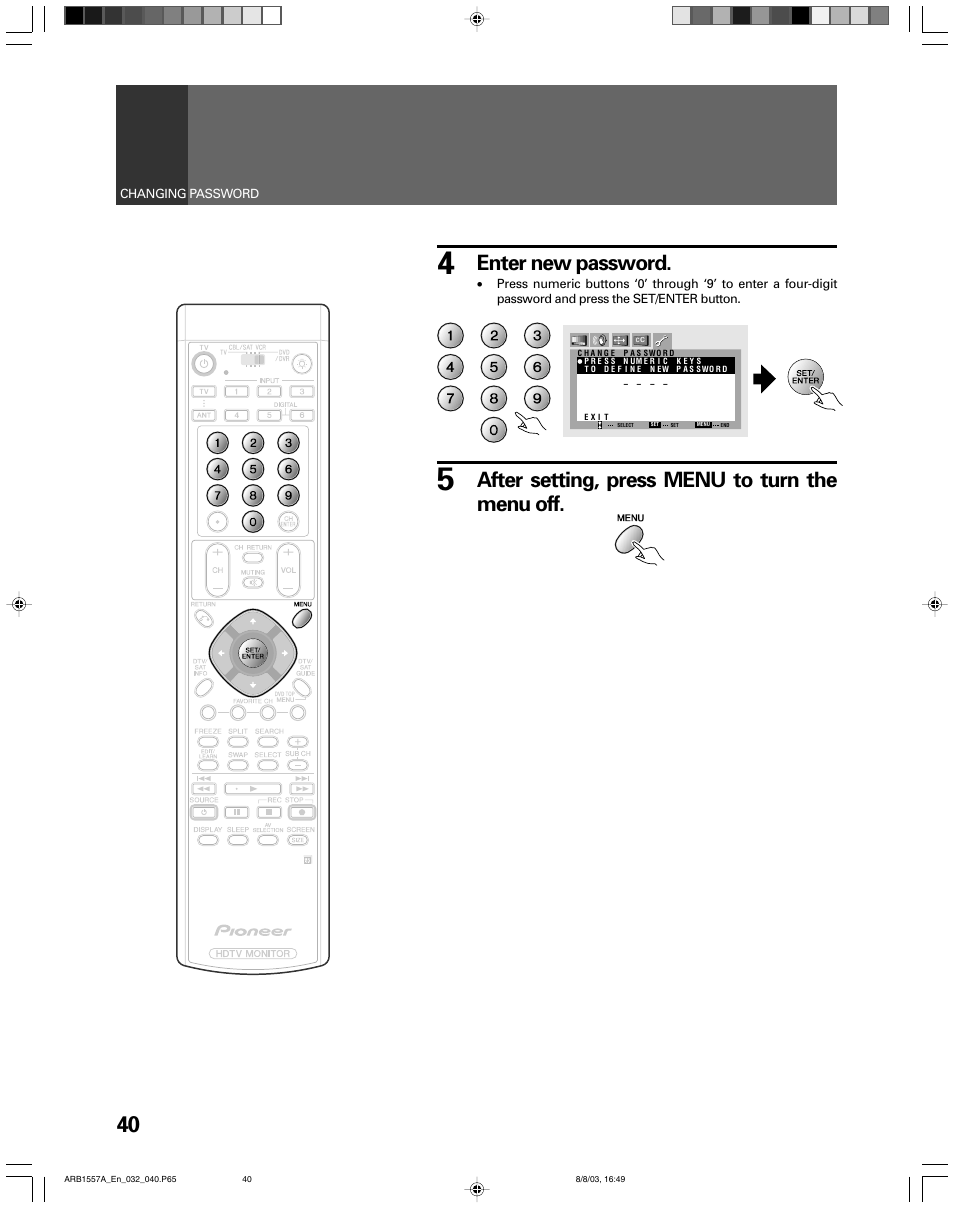 Enter new password, After setting, press menu to turn the menu off | Pioneer PRO-730HDI User Manual | Page 40 / 100