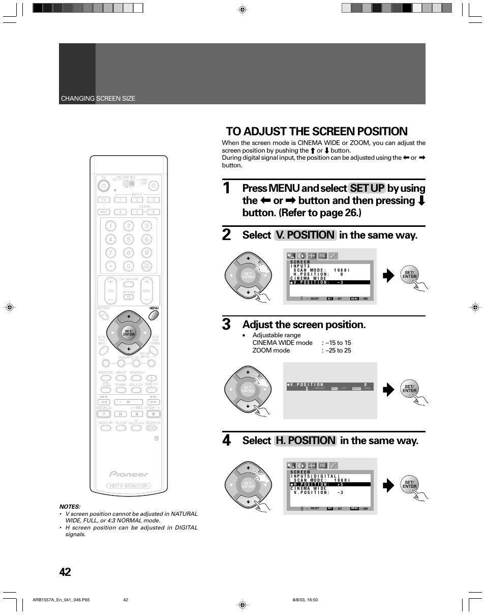 Select v. position in the same way, Adjust the screen position, Select h. position in the same way | Pioneer PRO-730HDI User Manual | Page 42 / 100