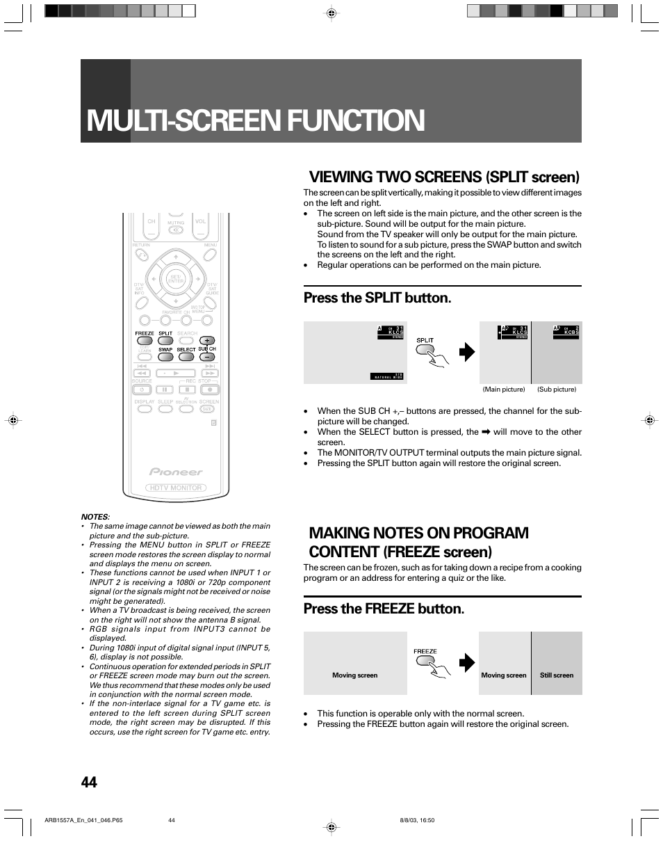 Multi-screen function, Viewing two screens (split screen), Press the split button | Press the freeze button | Pioneer PRO-730HDI User Manual | Page 44 / 100