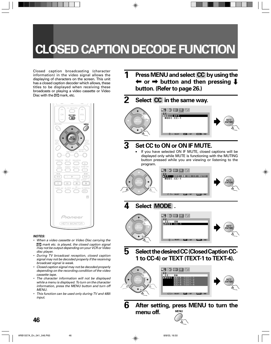 Closed caption decode function, Select cc in the same way, Set cc to on or on if mute | Select mode, After setting, press menu to turn the menu off | Pioneer PRO-730HDI User Manual | Page 46 / 100