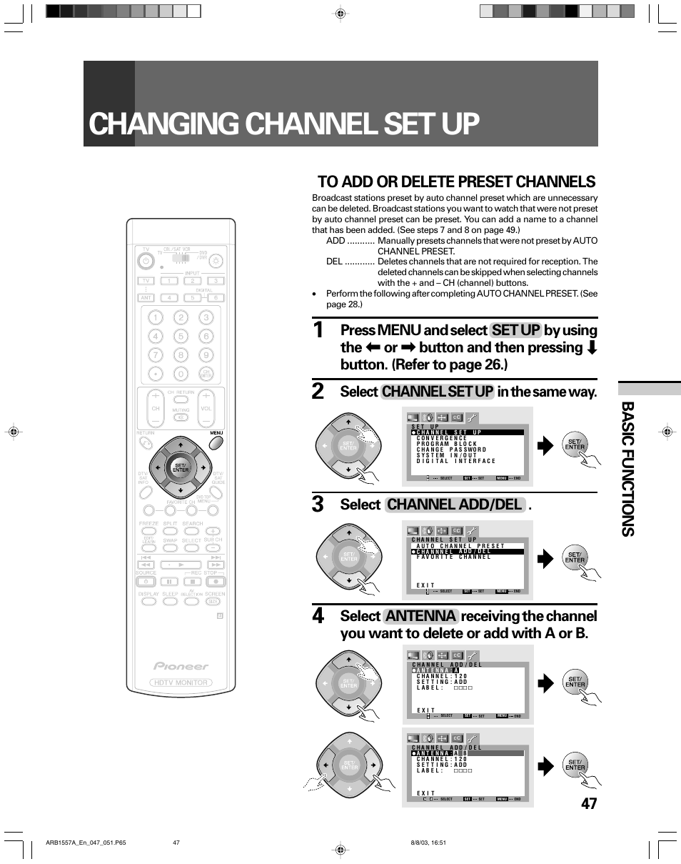 Changing channel set up, 47 basic functions, Select channel set up in the same way | Select channel add/del | Pioneer PRO-730HDI User Manual | Page 47 / 100