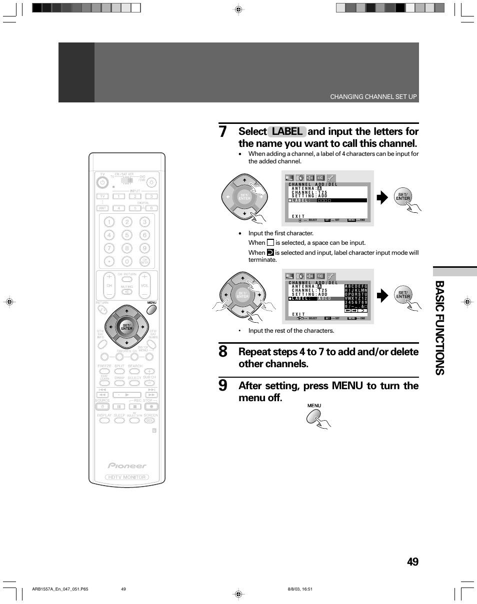 49 basic functions, After setting, press menu to turn the menu off | Pioneer PRO-730HDI User Manual | Page 49 / 100