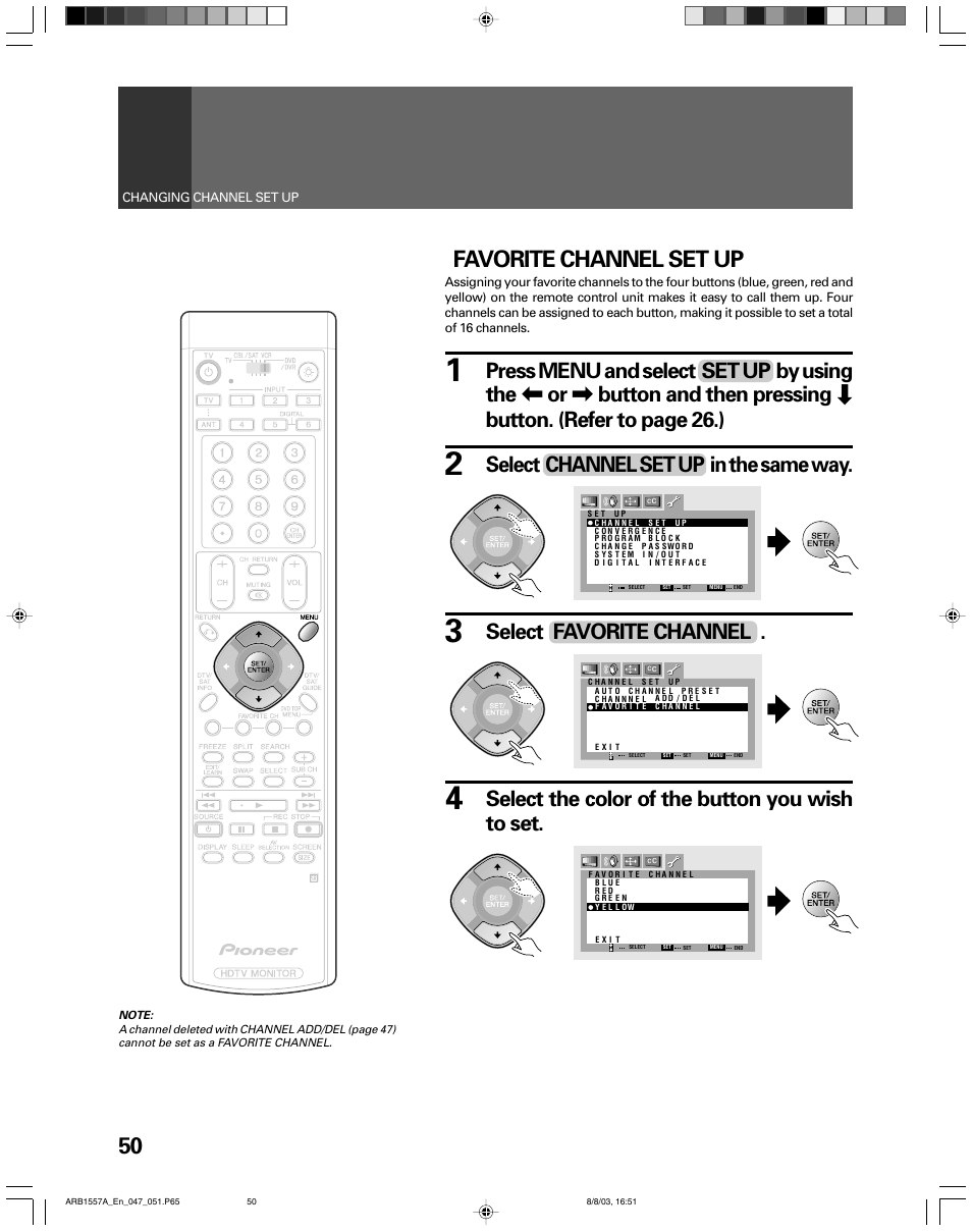 Favorite channel set up, Select channel set up in the same way, Select favorite channel | Select the color of the button you wish to set | Pioneer PRO-730HDI User Manual | Page 50 / 100