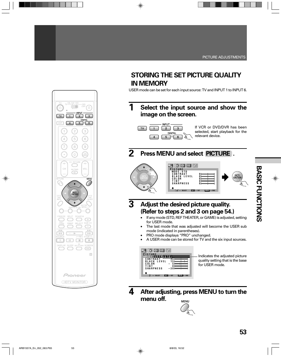 53 basic functions, Press menu and select picture, After adjusting, press menu to turn the menu off | Pioneer PRO-730HDI User Manual | Page 53 / 100