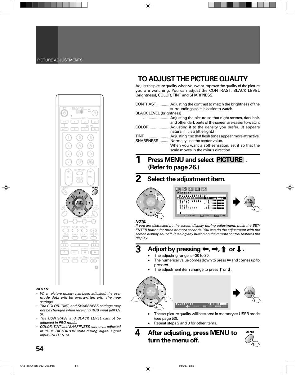 Select the adjustment item, Adjust by pressing | , \ , » or, After adjusting, press menu to turn the menu off | Pioneer PRO-730HDI User Manual | Page 54 / 100