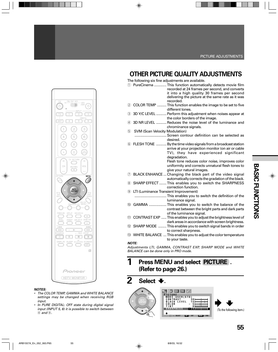 55 basic functions, Other picture quality adjustments, Select | Pioneer PRO-730HDI User Manual | Page 55 / 100