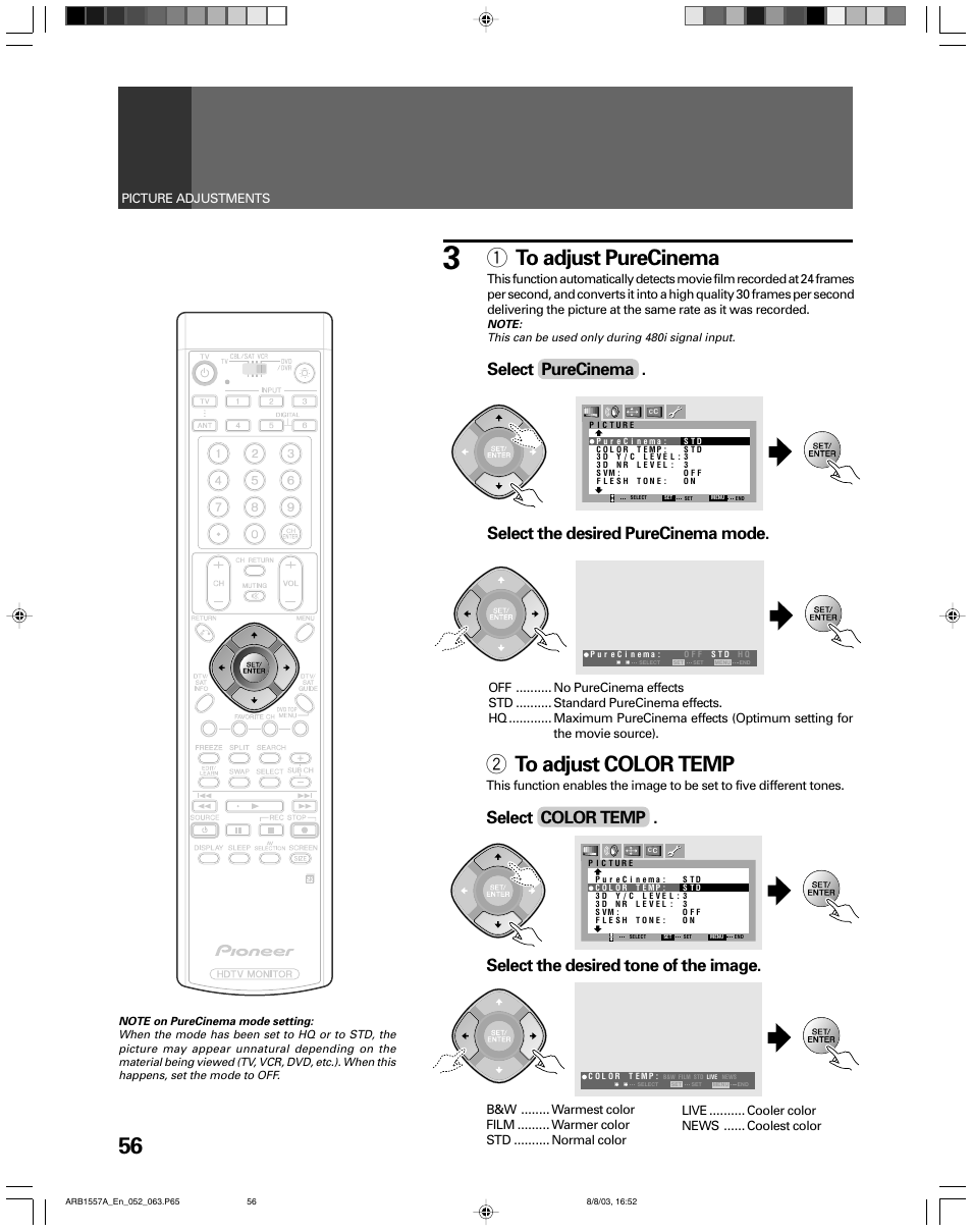 1 to adjust purecinema, 2 to adjust color temp, Select purecinema | Select the desired purecinema mode, Select color temp, Select the desired tone of the image | Pioneer PRO-730HDI User Manual | Page 56 / 100