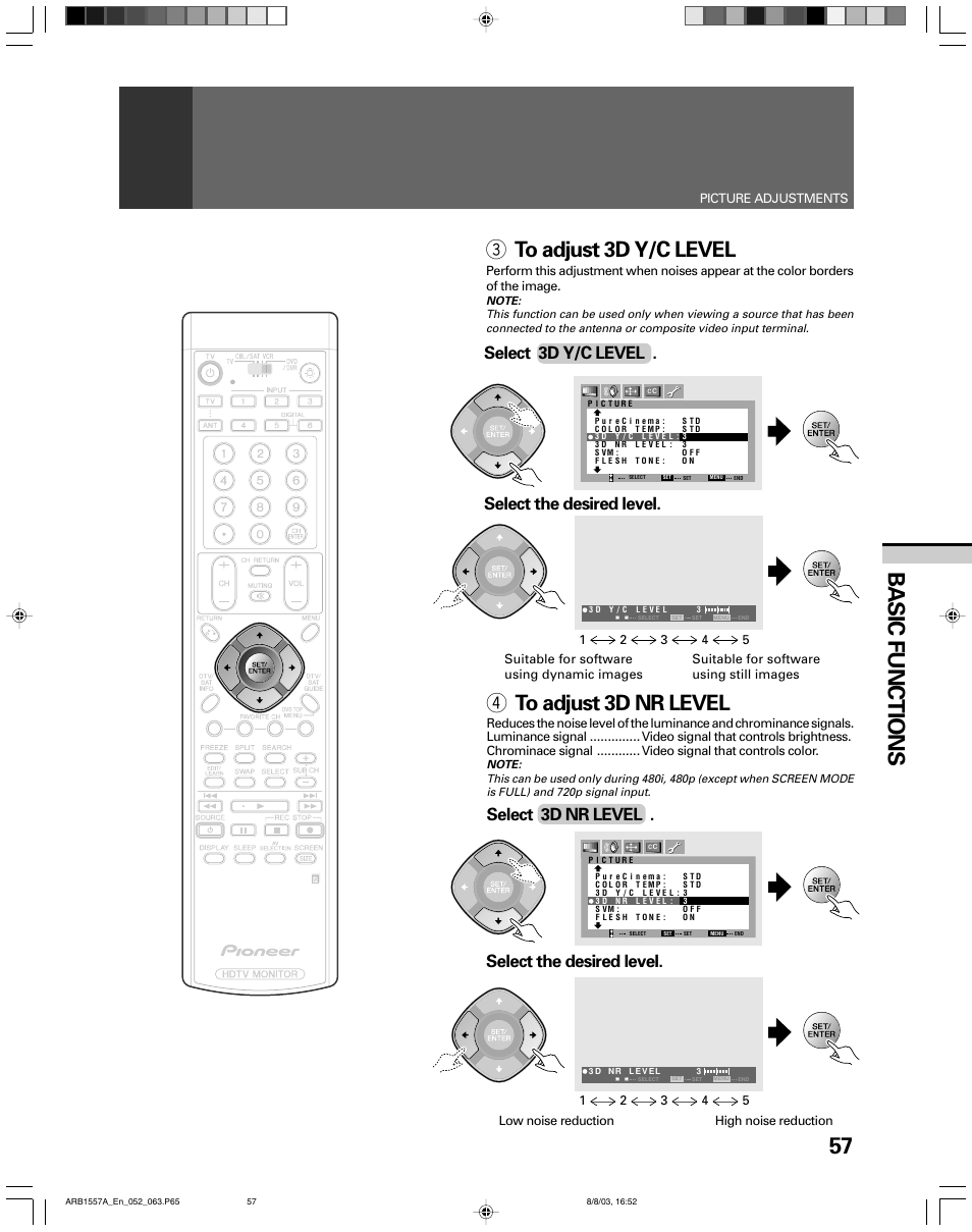 57 basic functions, 3 to adjust 3d y/c level, 4 to adjust 3d nr level | Select 3d nr level | Pioneer PRO-730HDI User Manual | Page 57 / 100