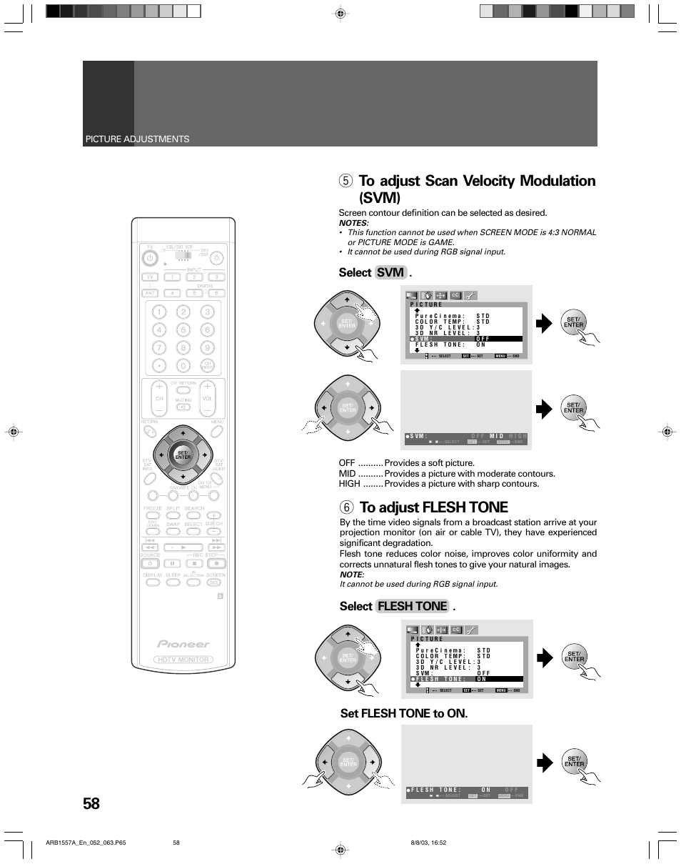 6 to adjust flesh tone, 5 to adjust scan velocity modulation (svm), Select flesh tone | Select svm, Set flesh tone to on, Picture adjustments | Pioneer PRO-730HDI User Manual | Page 58 / 100