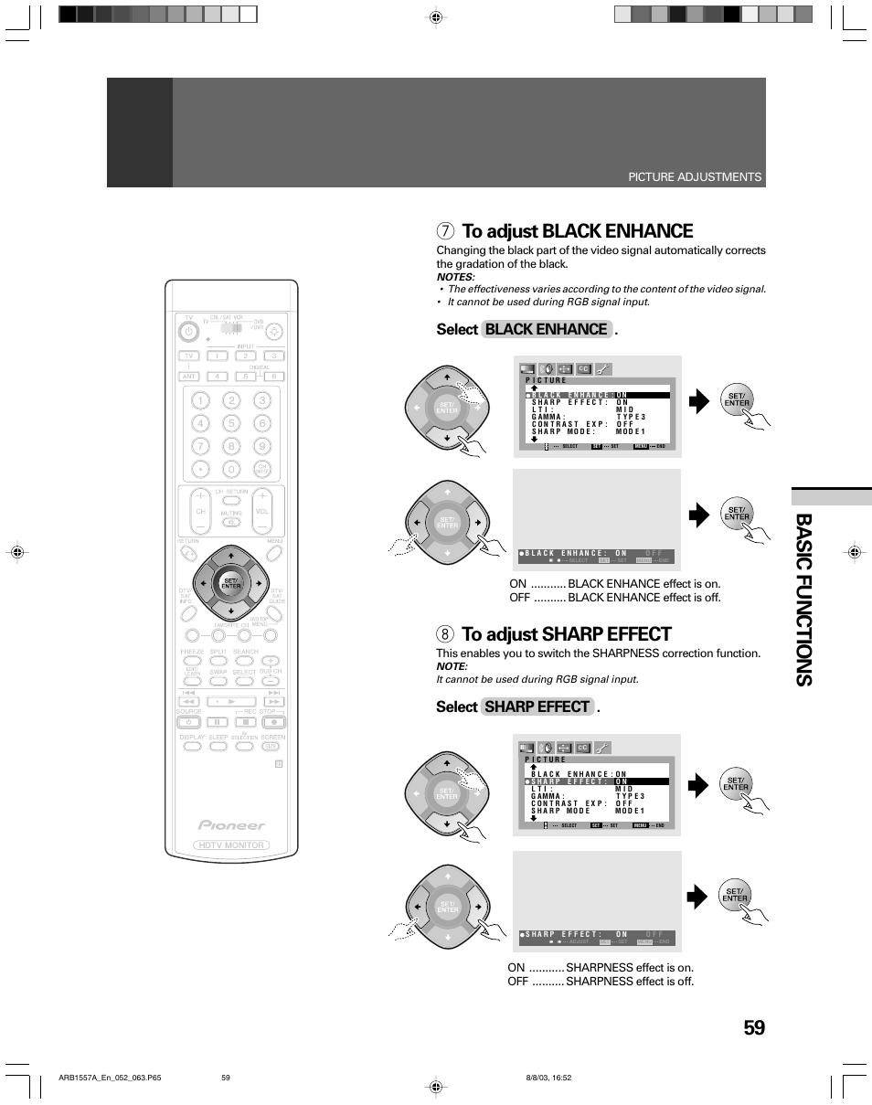 59 basic functions, 7 to adjust black enhance, 8 to adjust sharp effect | Select black enhance, Select sharp effect, Picture adjustments | Pioneer PRO-730HDI User Manual | Page 59 / 100