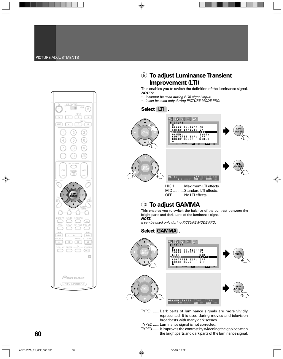 9 to adjust luminance transient improvement (lti), 0 to adjust gamma, Select lti | Select gamma | Pioneer PRO-730HDI User Manual | Page 60 / 100