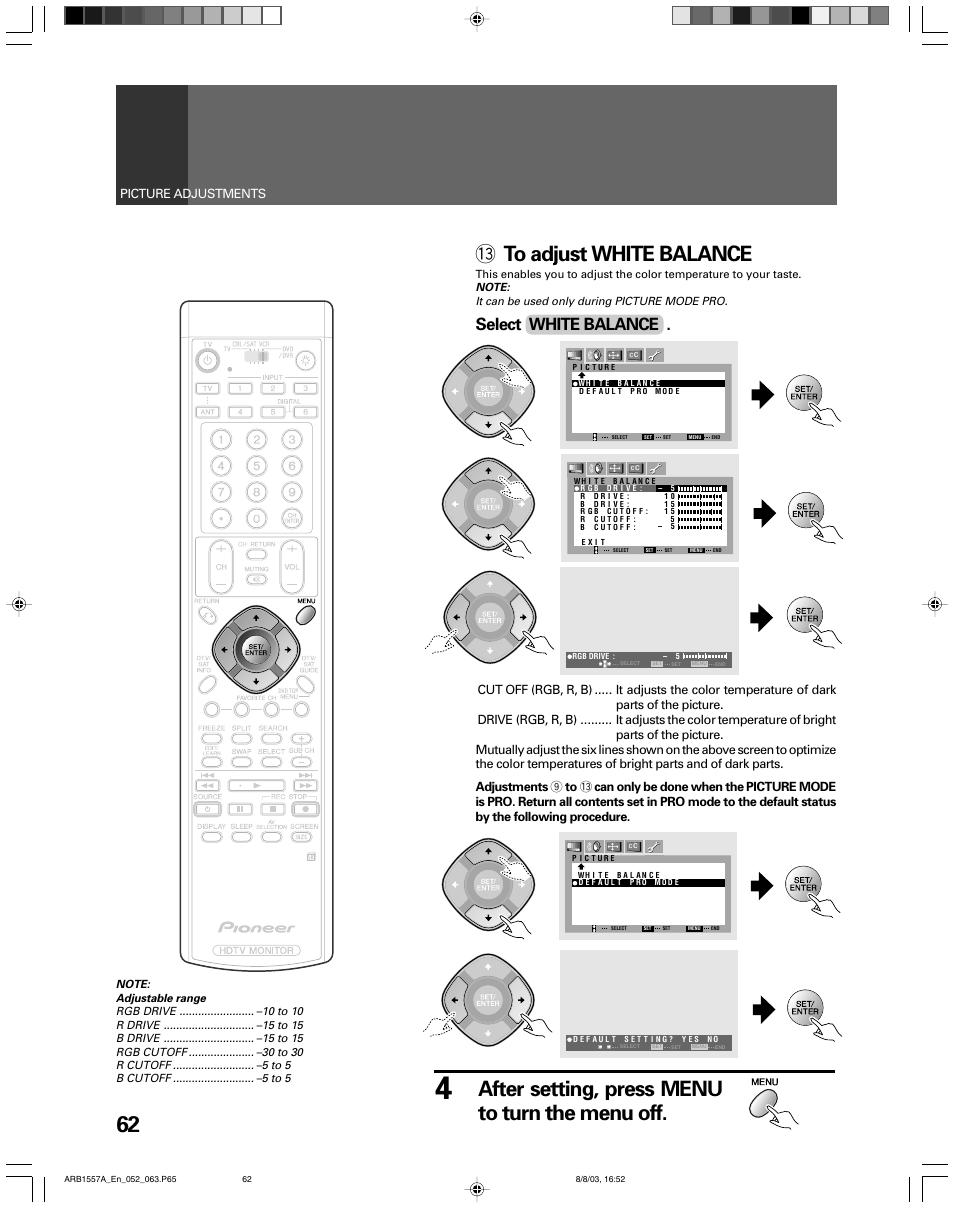 After setting, press menu to turn the menu off, Select white balance, Picture adjustments | Pioneer PRO-730HDI User Manual | Page 62 / 100