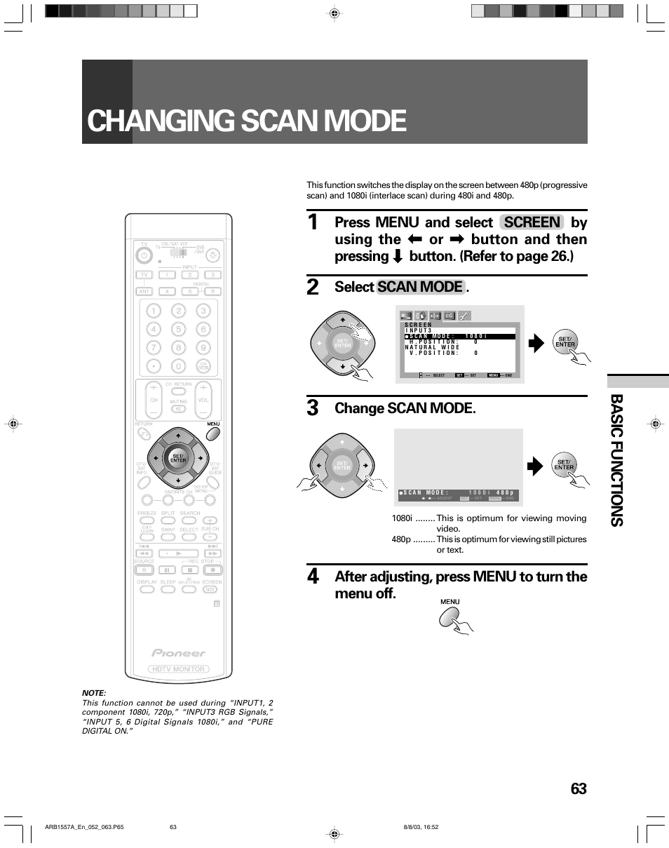 Changing scan mode, 63 basic functions, Change scan mode | Pioneer PRO-730HDI User Manual | Page 63 / 100