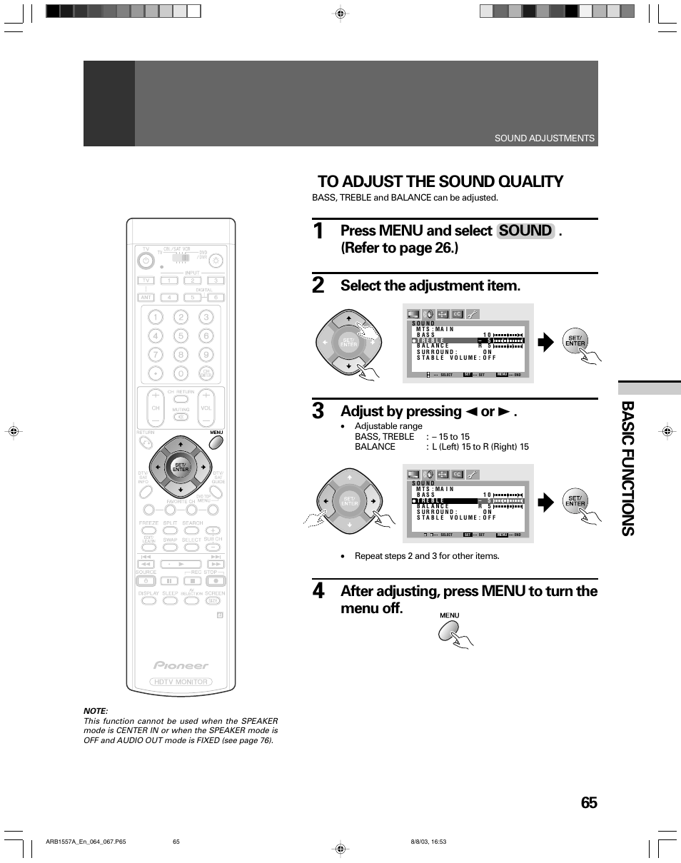 65 basic functions, Press menu and select sound . (refer to page 26.), Select the adjustment item | Adjust by pressing 2 or 3, After adjusting, press menu to turn the menu off | Pioneer PRO-730HDI User Manual | Page 65 / 100