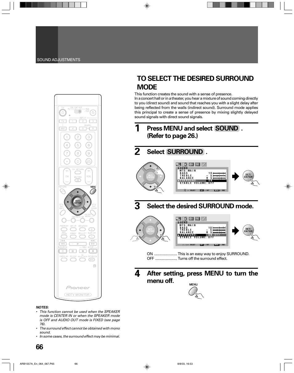 After setting, press menu to turn the menu off, Press menu and select sound . (refer to page 26.), Select surround | Select the desired surround mode | Pioneer PRO-730HDI User Manual | Page 66 / 100