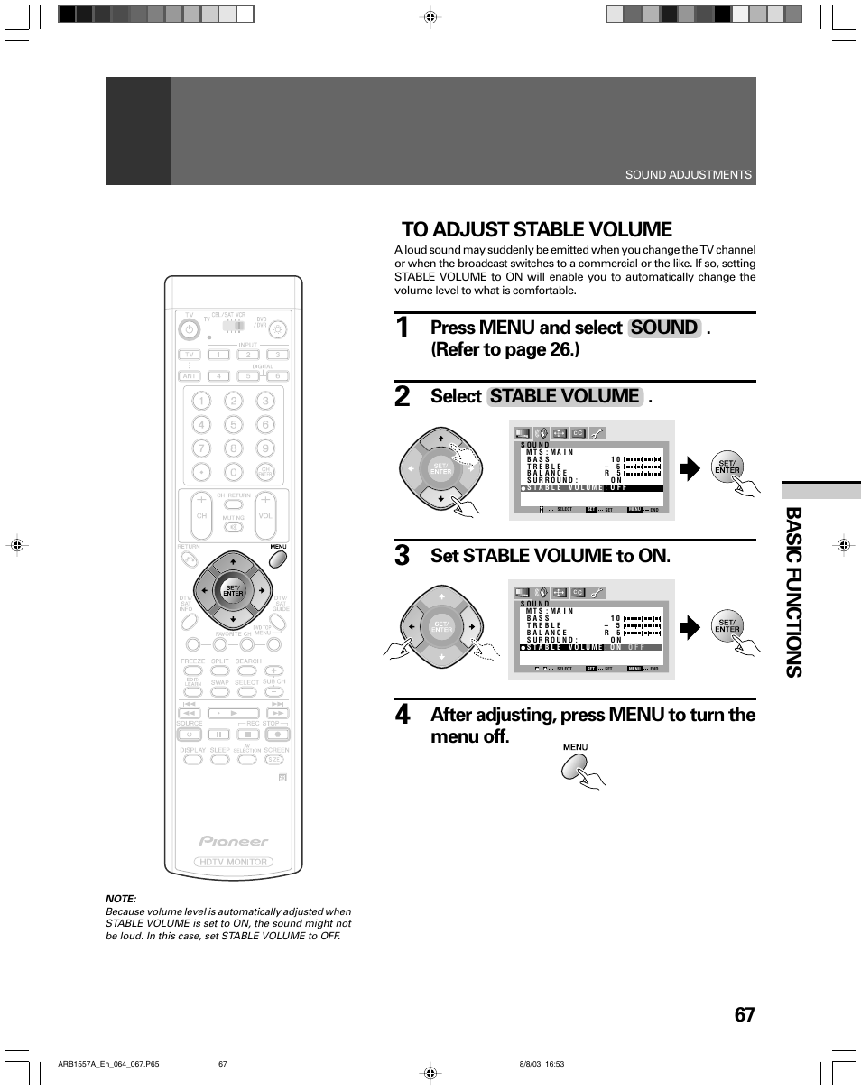 67 basic functions, Press menu and select sound . (refer to page 26.), Select stable volume | Pioneer PRO-730HDI User Manual | Page 67 / 100