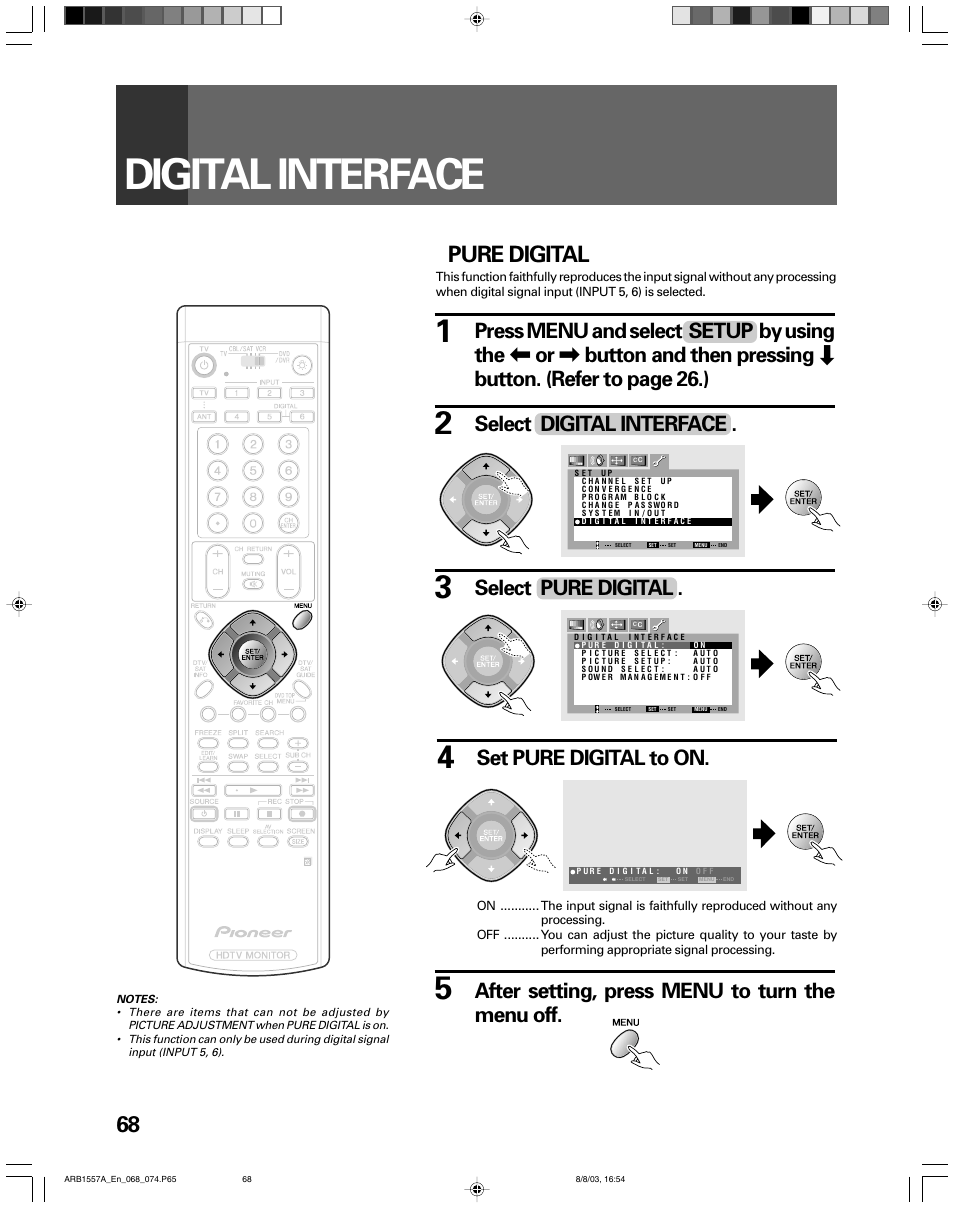 Digital interface, Pure digital, Select digital interface | After setting, press menu to turn the menu off, Set pure digital to on | Pioneer PRO-730HDI User Manual | Page 68 / 100