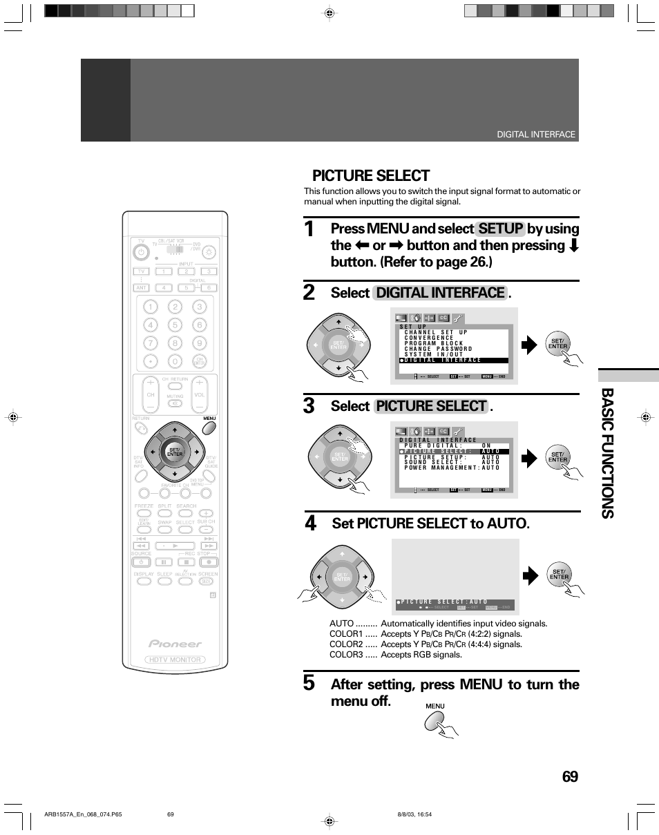 69 basic functions picture select, Select digital interface, After setting, press menu to turn the menu off | Set picture select to auto | Pioneer PRO-730HDI User Manual | Page 69 / 100