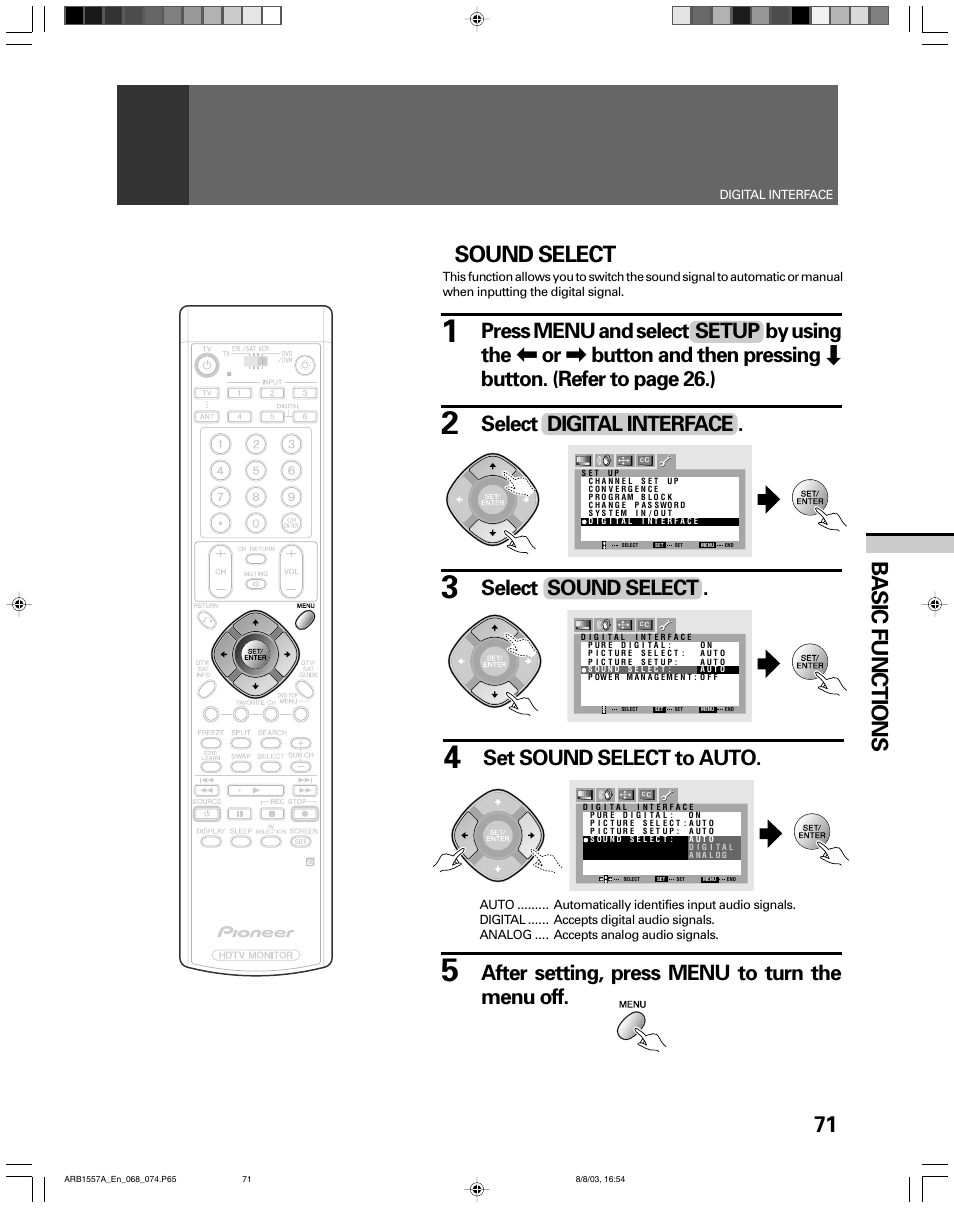 71 basic functions, Sound select, Select digital interface | After setting, press menu to turn the menu off, Set sound select to auto | Pioneer PRO-730HDI User Manual | Page 71 / 100