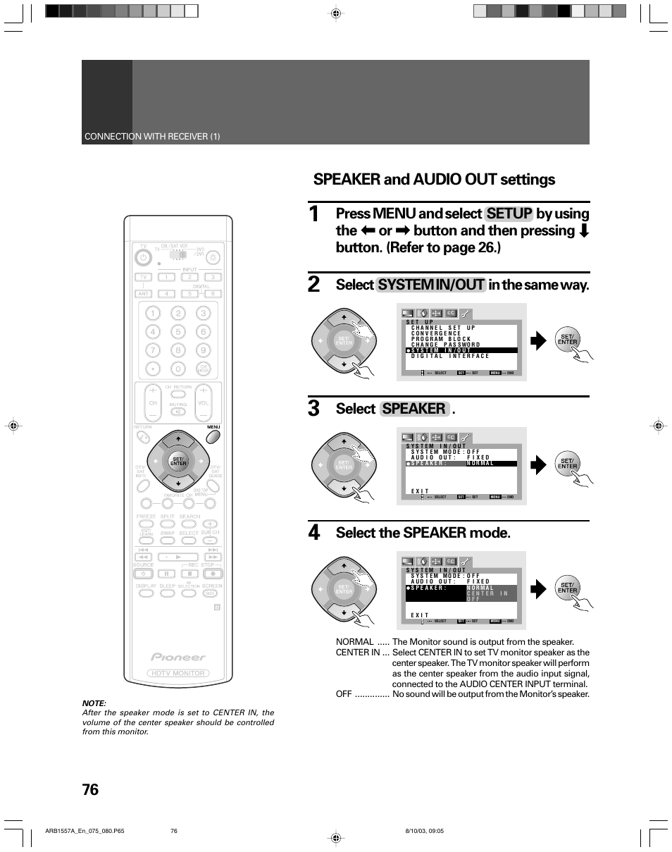 Speaker and audio out settings, Select system in/out in the same way, Select the speaker mode | Select speaker | Pioneer PRO-730HDI User Manual | Page 76 / 100