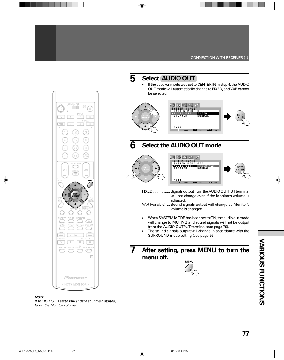 77 v arious functions, Select the audio out mode, Select audio out | After setting, press menu to turn the menu off | Pioneer PRO-730HDI User Manual | Page 77 / 100