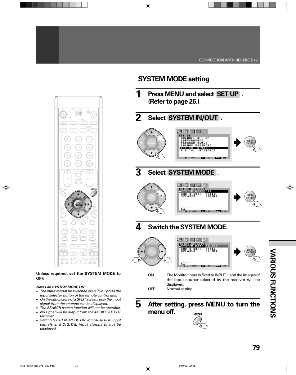 79 v arious functions, System mode setting, Press menu and select set up . (refer to page 26.) | Select system in/out . switch the system mode, Select system mode, After setting, press menu to turn the menu off | Pioneer PRO-730HDI User Manual | Page 79 / 100