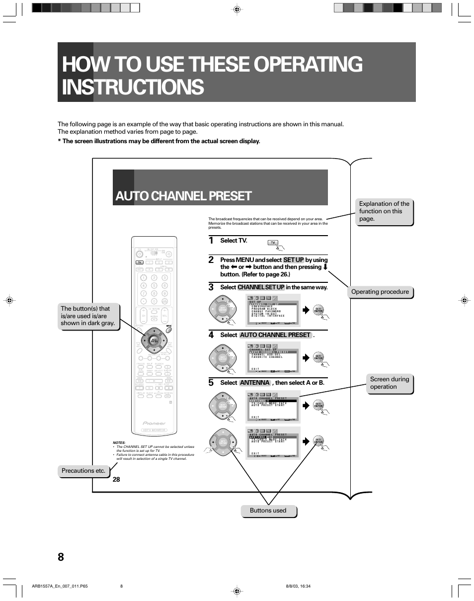 Introduction, How to use these operating instructions, Auto channel preset | Select channel set up in the same way, Select auto channel preset, Select tv, Select antenna , then select a or b | Pioneer PRO-730HDI User Manual | Page 8 / 100