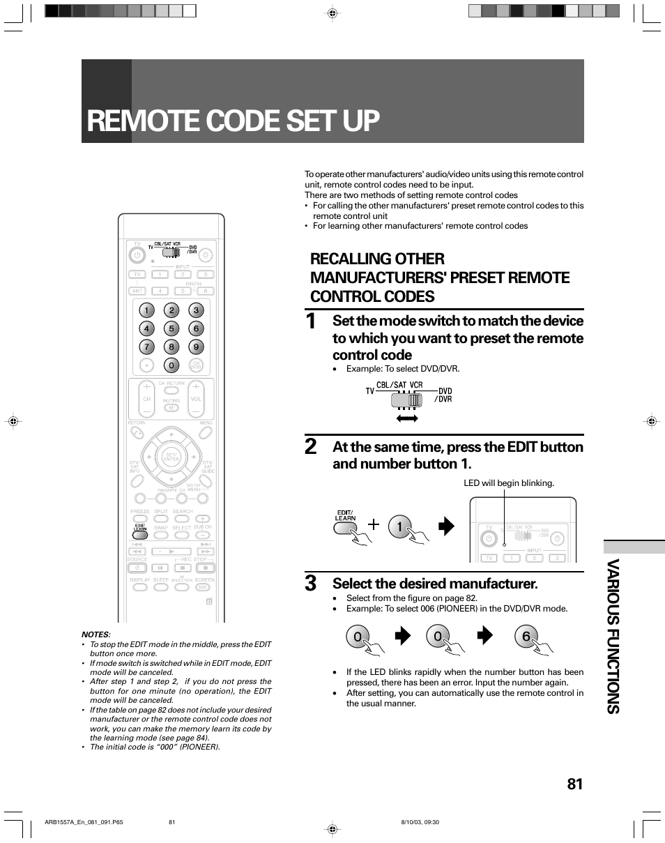 Remote code set up, 81 v arious functions, Select the desired manufacturer | Pioneer PRO-730HDI User Manual | Page 81 / 100