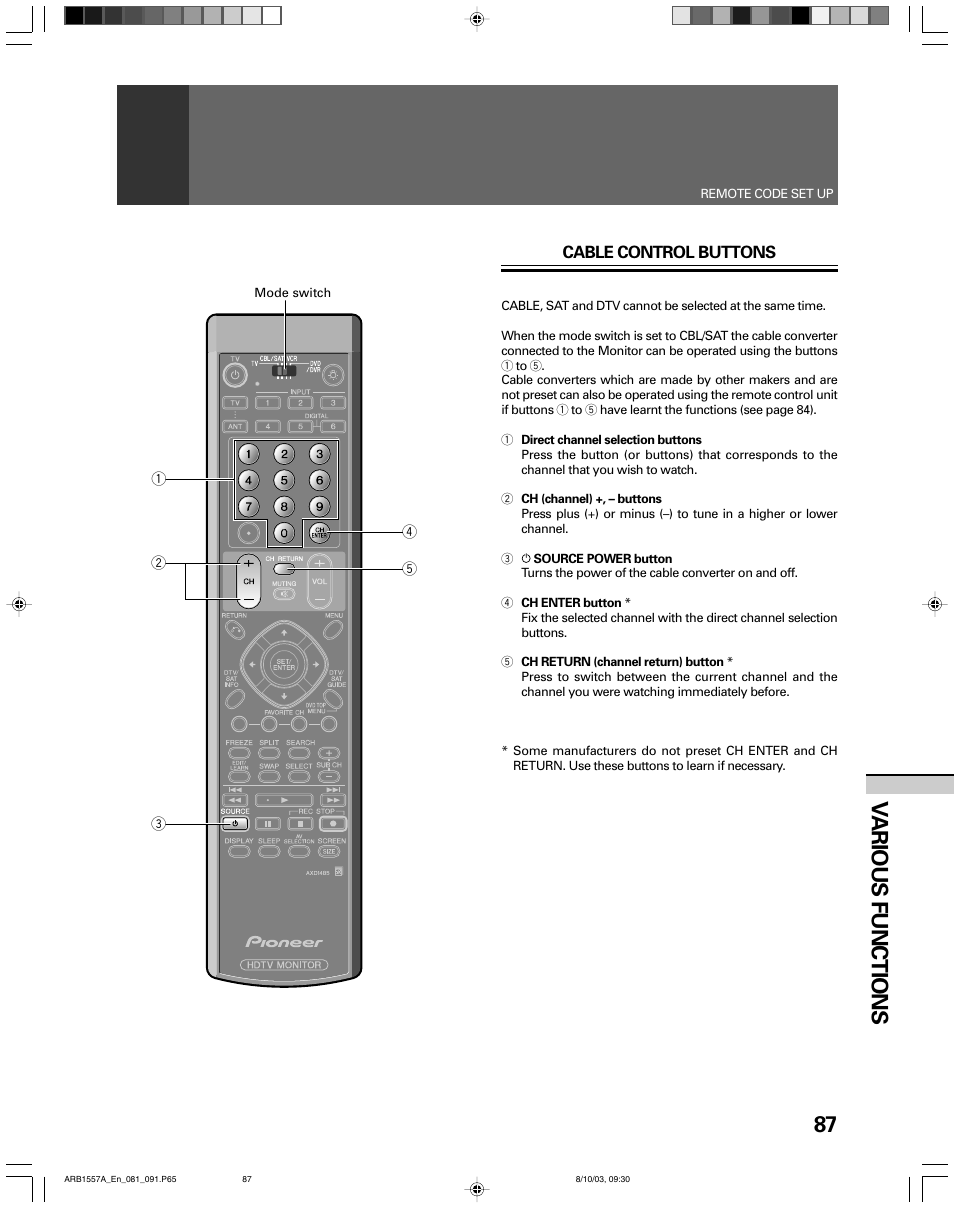 87 v arious functions | Pioneer PRO-730HDI User Manual | Page 87 / 100