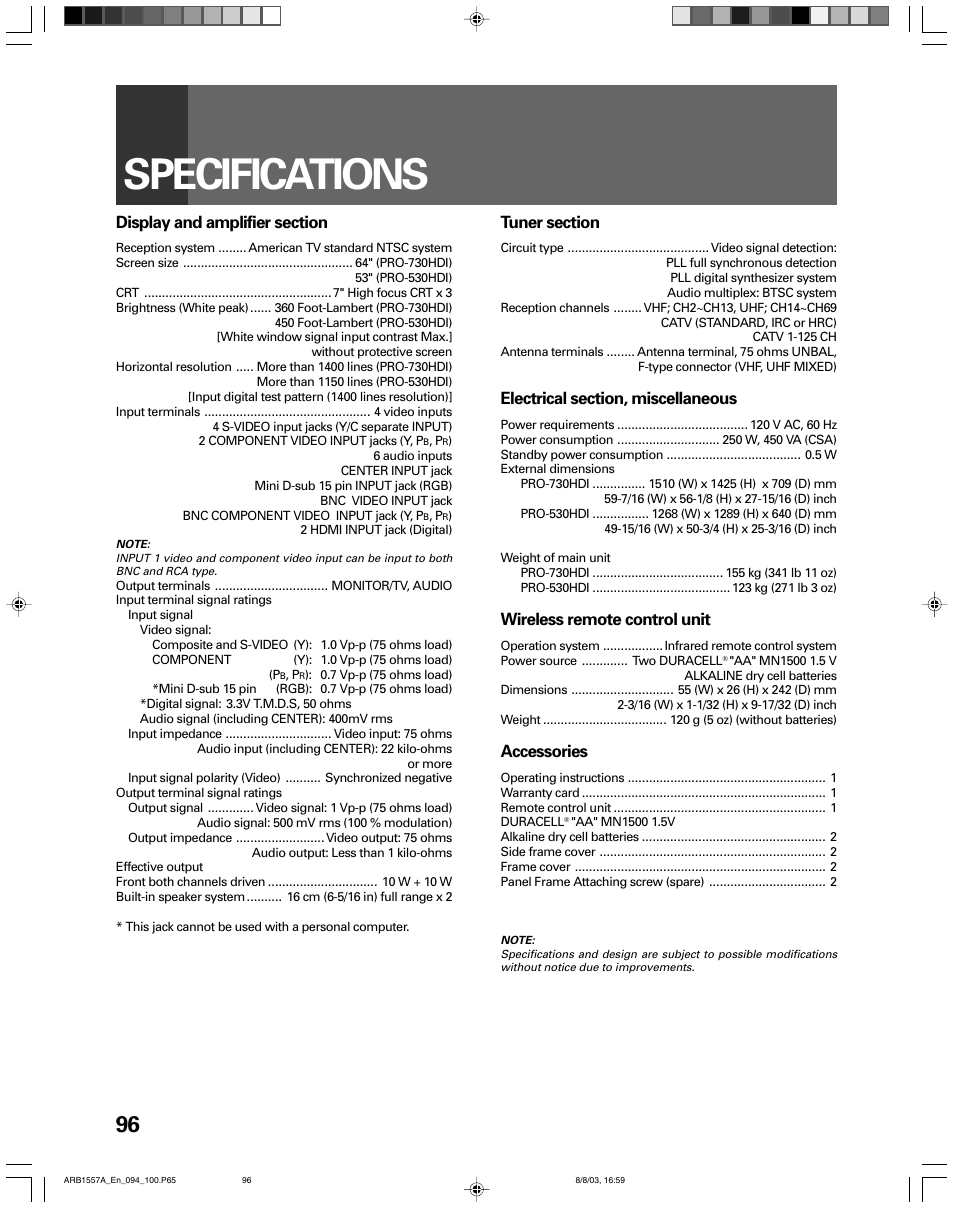 Specifications, Wireless remote control unit, Accessories | Pioneer PRO-730HDI User Manual | Page 96 / 100