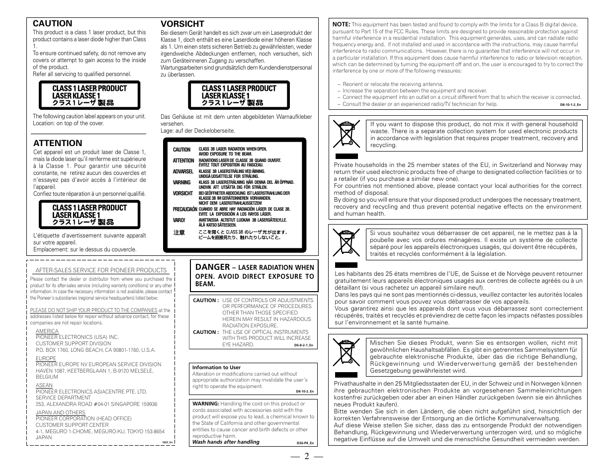 Attention, Vorsicht, Caution | Danger | Pioneer BDR-101A User Manual | Page 2 / 8