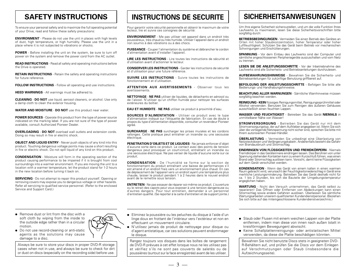 Safety instructions, Instructions de securite, Sicherheitsanweisungen | Pioneer BDR-101A User Manual | Page 3 / 8