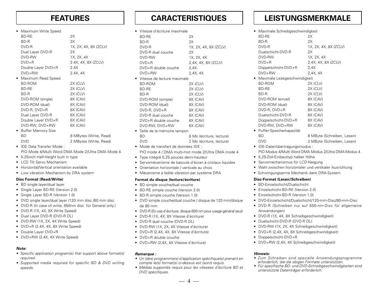 Leistungsmerkmale, Caracteristiques, Features | Pioneer BDR-101A User Manual | Page 4 / 8