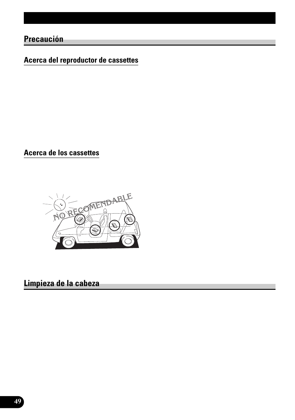 Reproductor de cassettes y, Cuidados, Precaución | Acerca del reproductor de cassettes, Acerca de los cassettes, Limpieza de la cabeza, Especificaciones, Reproductor de cassettes y cuidados | Pioneer KEH-P6010RB User Manual | Page 100 / 104