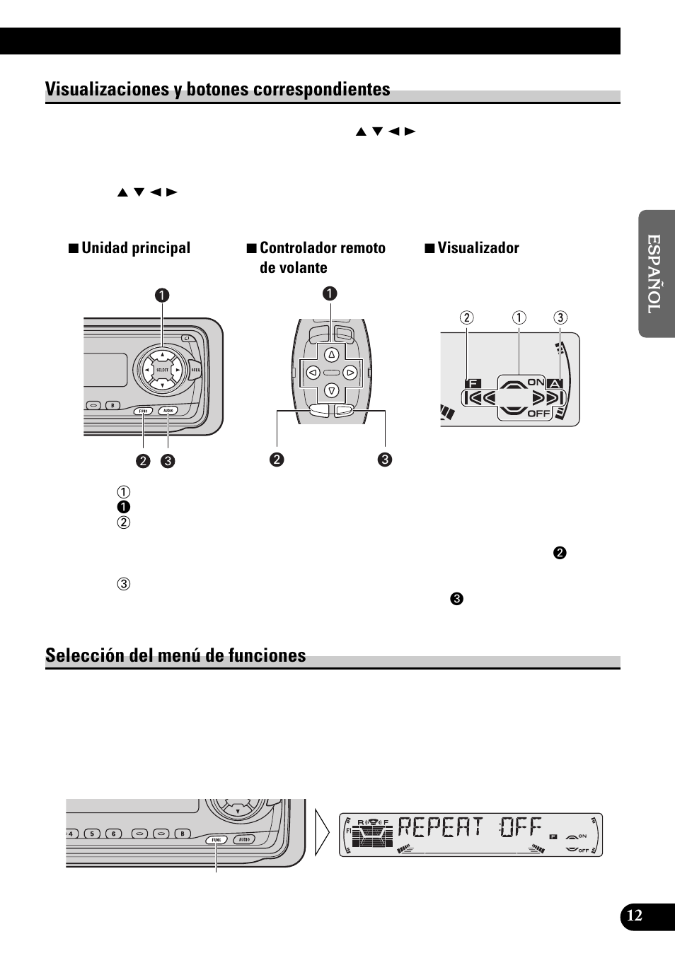 Visualizaciones y botones correspondientes, Selección del menú de funciones | Pioneer KEH-P6010RB User Manual | Page 63 / 104