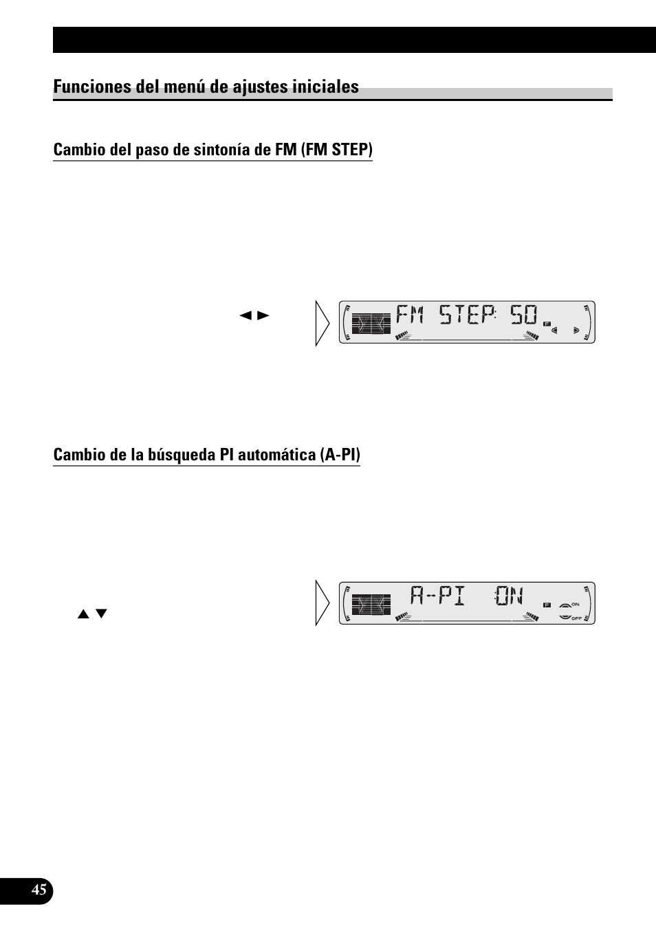 Funciones del menú de ajustes iniciales, Cambio del paso de sintonía de fm (fm step), Cambio de la búsqueda pi automática (a-pi) | Ajuste del sonido de advertencia (warn), Conmutación del modo aux (aux), Ajuste del reductor de luz (dimmer), Ajuste de la salida trasera (frt+rear), A title (english) ajustes iniciales | Pioneer KEH-P6010RB User Manual | Page 96 / 104