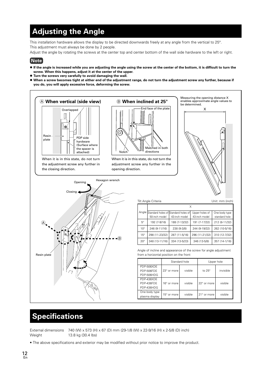 Adjusting the angle, Specifications, B when inclined at 25 | A when vertical (side view) | Pioneer PDK-WT02 User Manual | Page 12 / 20