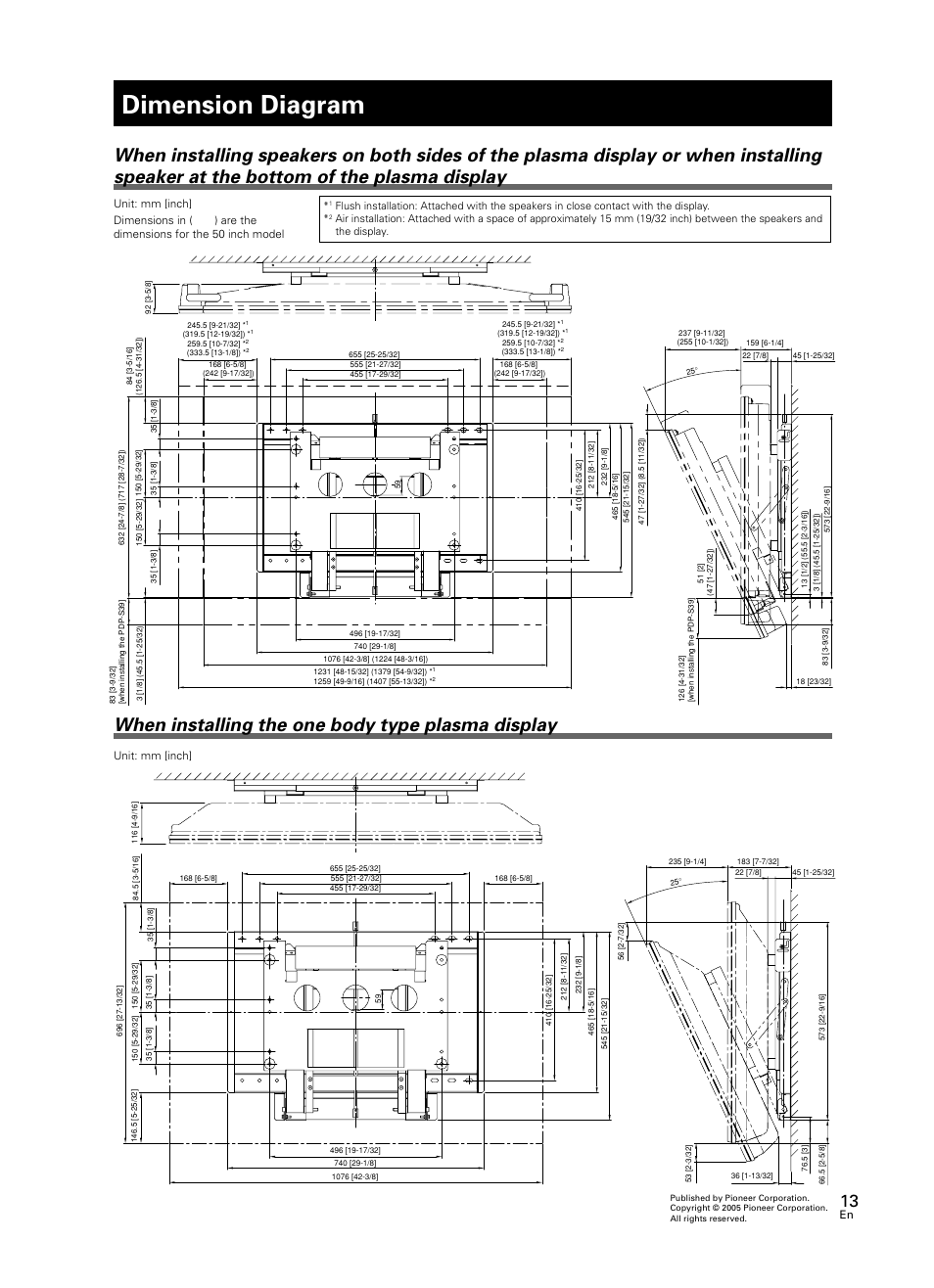 Dimension diagram, When installing the one body type plasma display | Pioneer PDK-WT02 User Manual | Page 13 / 20