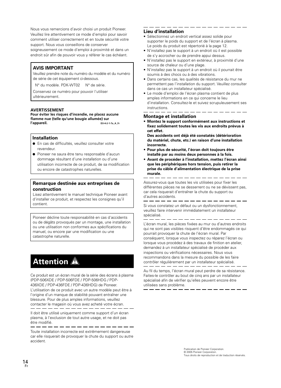Attention | Pioneer PDK-WT02 User Manual | Page 14 / 20