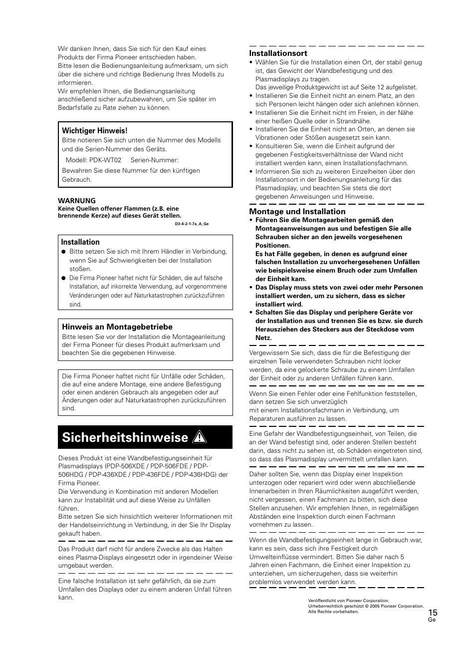 Sicherheitshinweise | Pioneer PDK-WT02 User Manual | Page 15 / 20