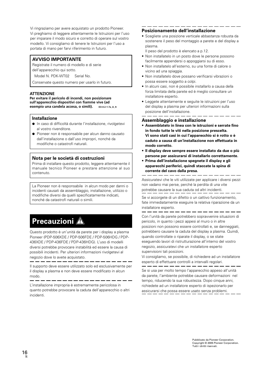 Precauzioni | Pioneer PDK-WT02 User Manual | Page 16 / 20