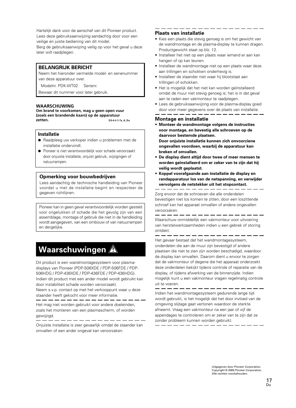 Waarschuwingen | Pioneer PDK-WT02 User Manual | Page 17 / 20