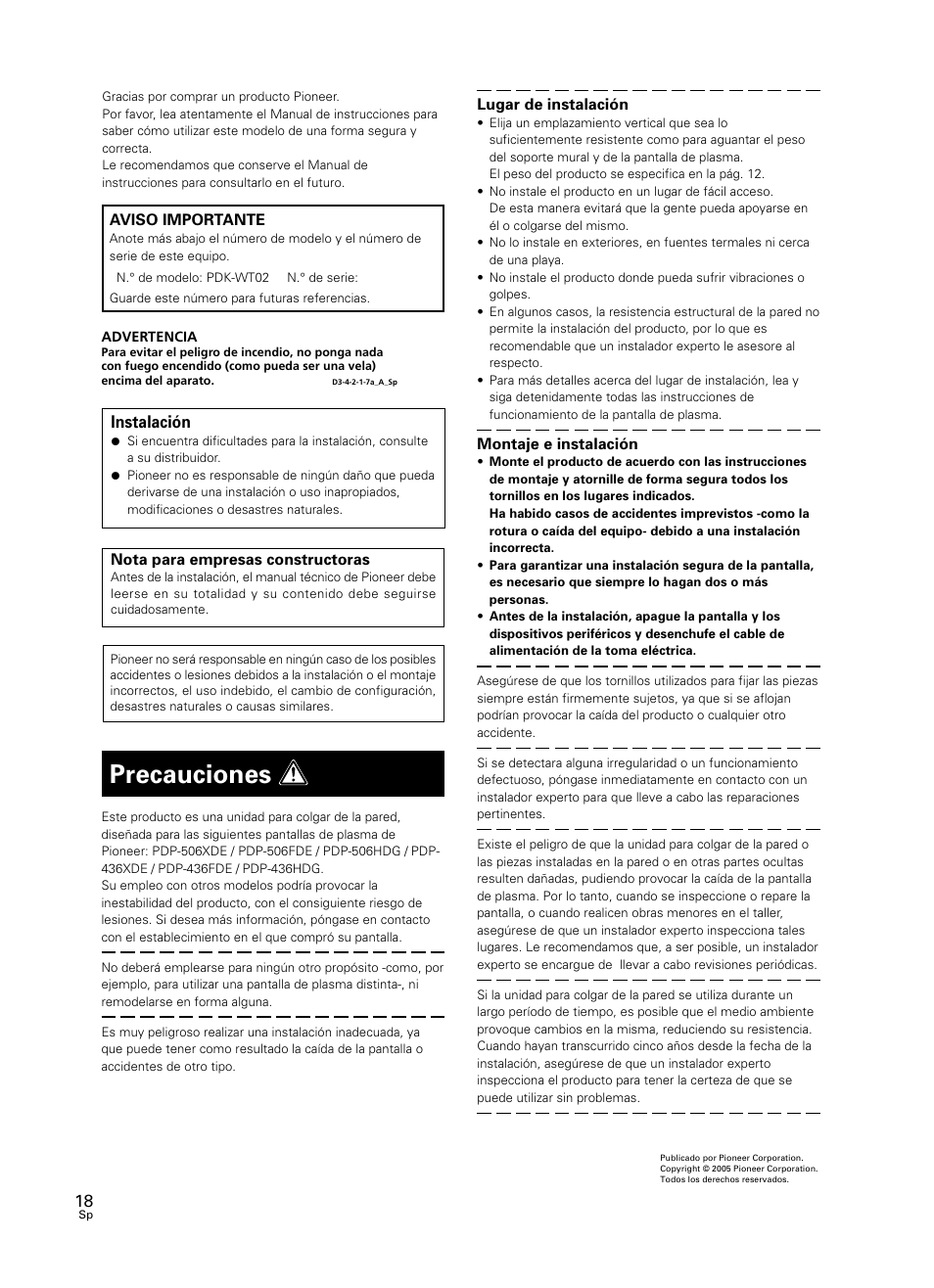 Precauciones | Pioneer PDK-WT02 User Manual | Page 18 / 20