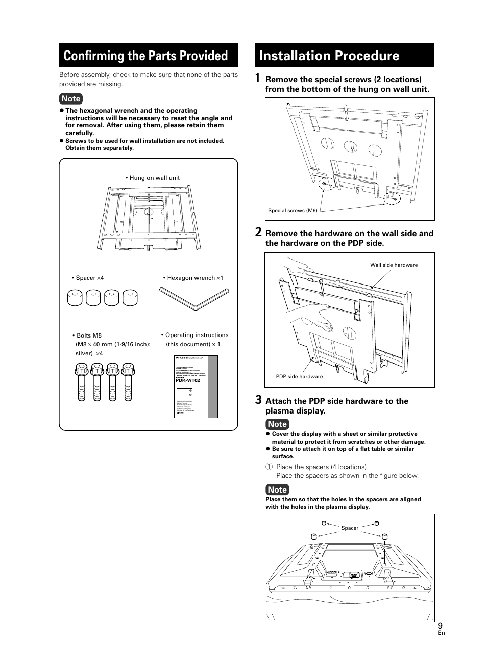 Confirming the parts provided, Installation procedure | Pioneer PDK-WT02 User Manual | Page 9 / 20