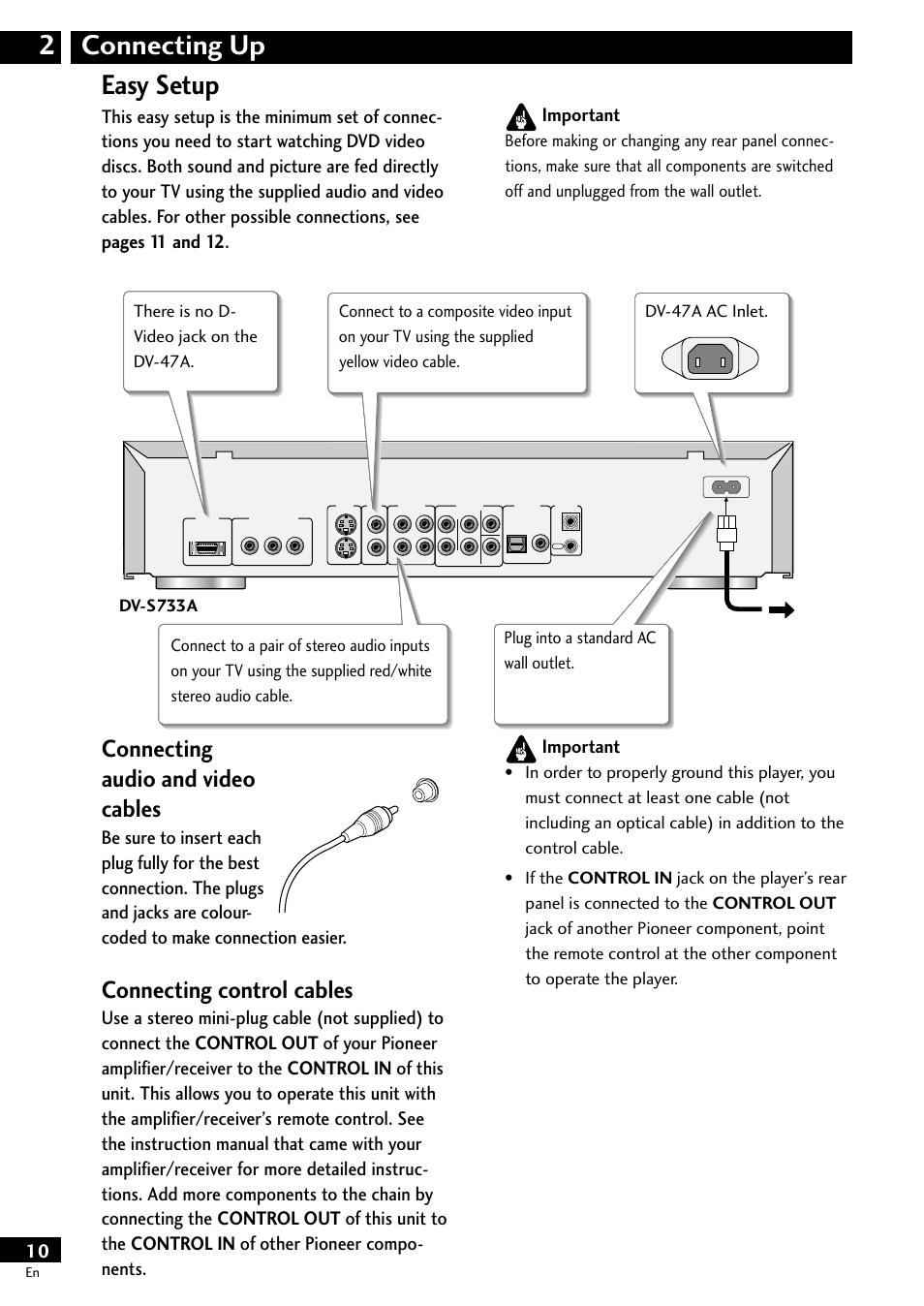 Easy setup, Connecting up 2 easy setup, Connecting audio and video cables | Connecting control cables, Important | Pioneer DV-S733A User Manual | Page 10 / 72