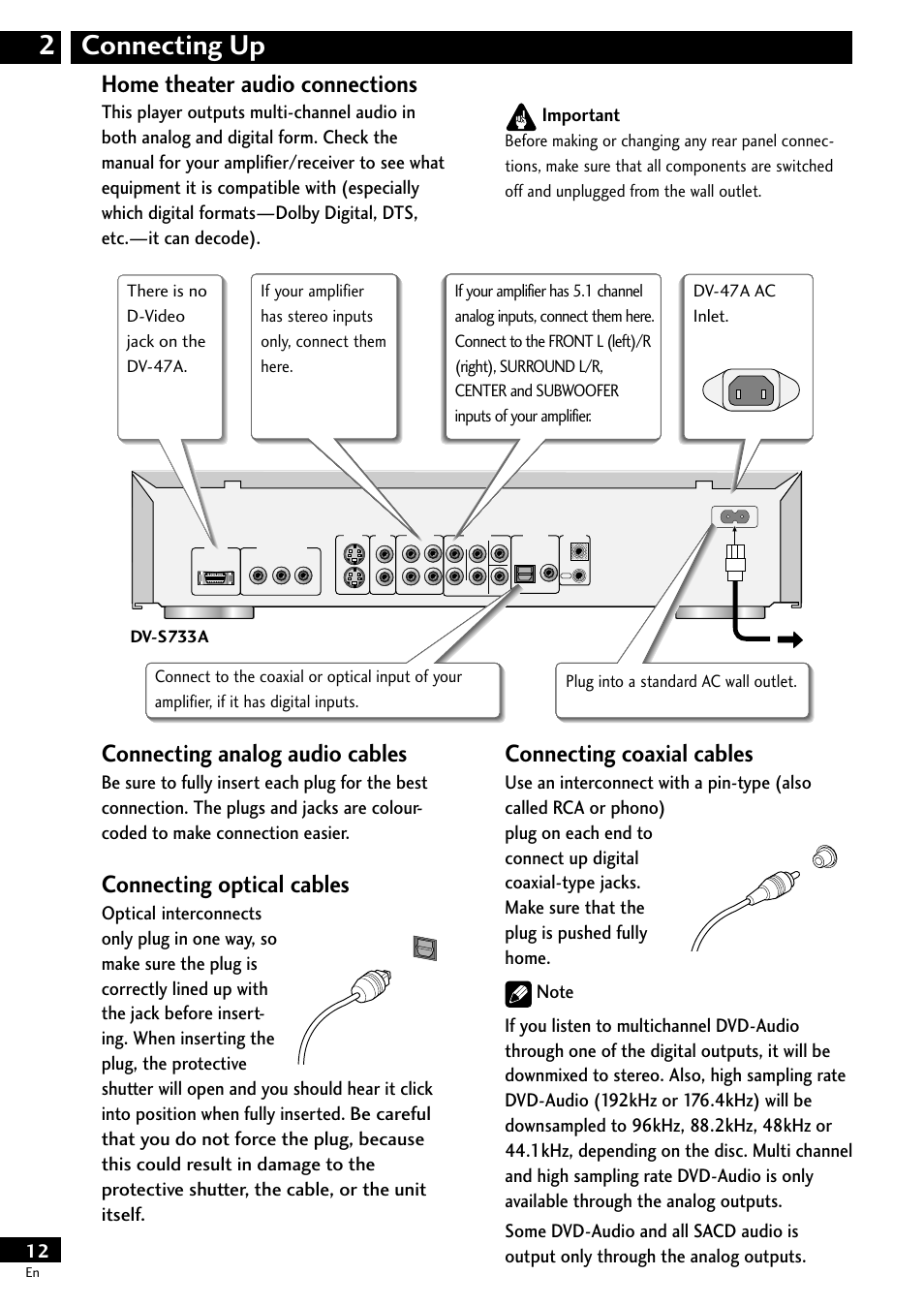 Home theater audio connections, Connecting up 2, Connecting analog audio cables | Connecting optical cables, Connecting coaxial cables | Pioneer DV-S733A User Manual | Page 12 / 72